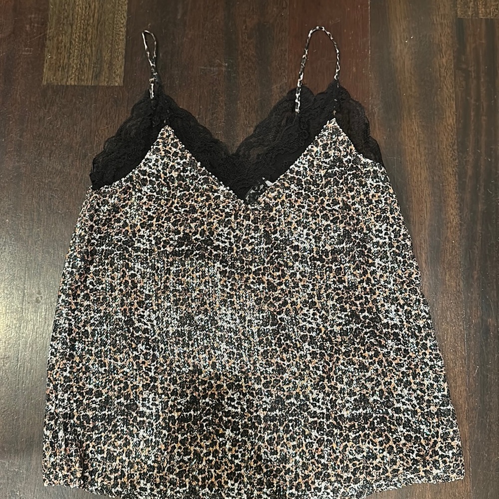 Leopard looking sequin cami with black lace